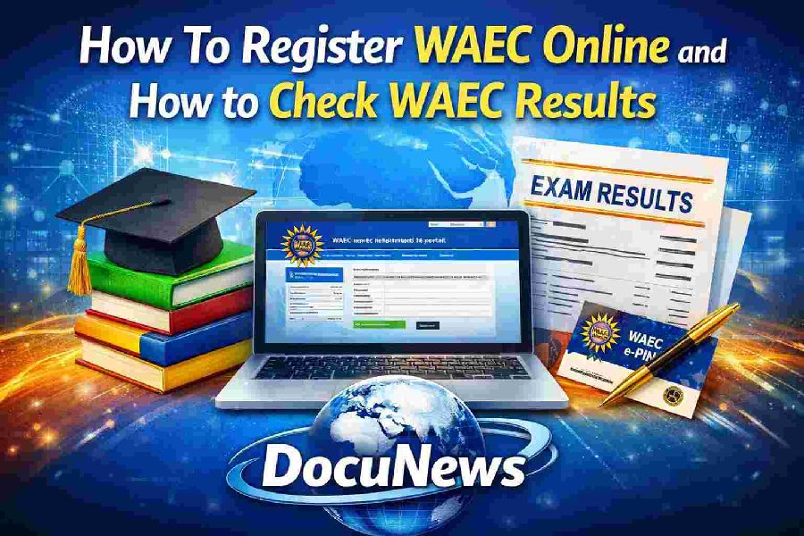 How to Register WAEC Online and Check WAEC Results - DocuNews educational guide with globe, laptop, and exam materials