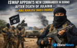 AI generated illustrations Of New ISWAP commander Abu Khalifa holding rifle in front of fighters and pickup truck, Borno conflict zone, DocuNews watermark."