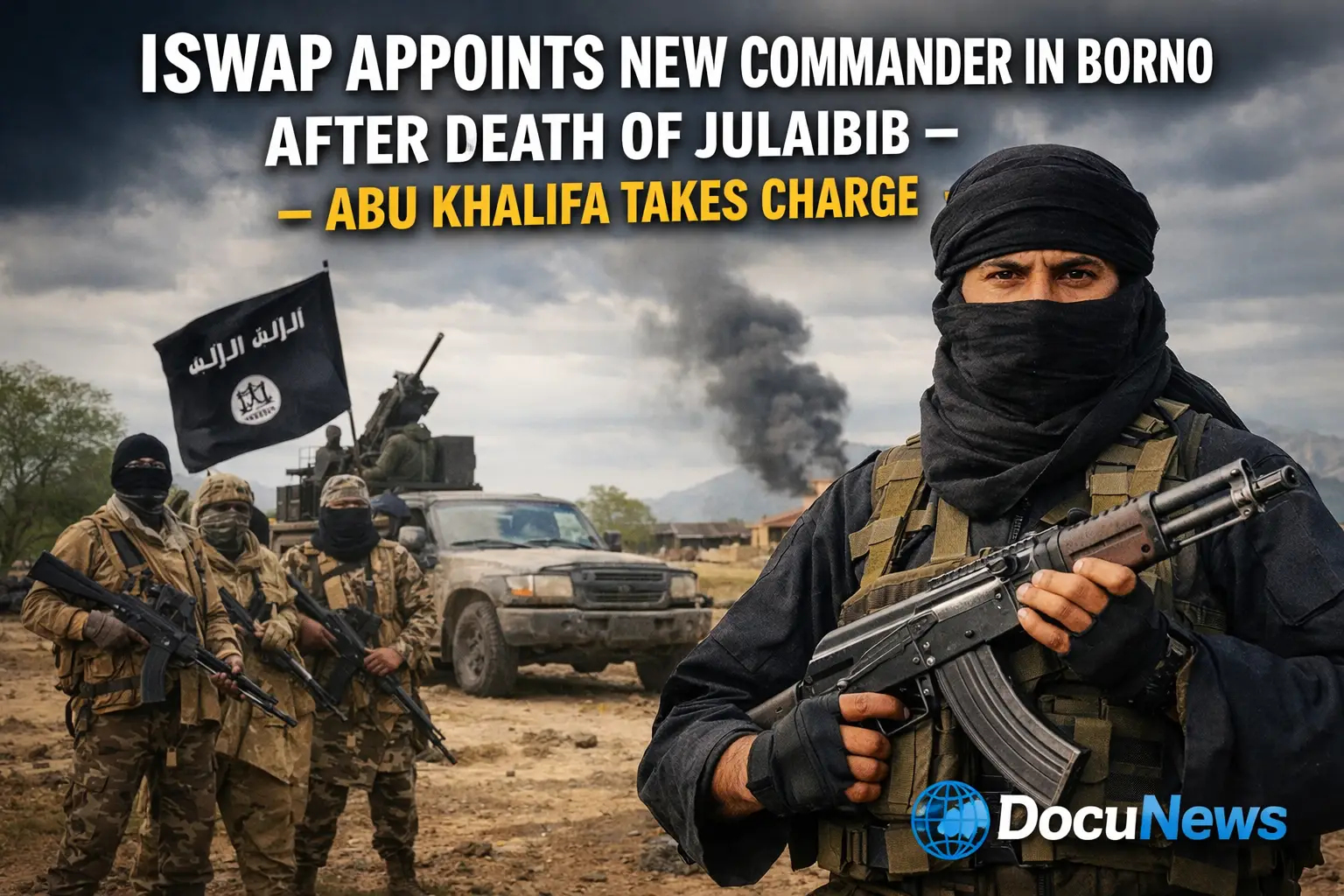 AI generated illustrations Of New ISWAP commander Abu Khalifa holding rifle in front of fighters and pickup truck, Borno conflict zone, DocuNews watermark."