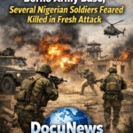 AI generated illustrations Of Boko Haram attacks Borno army base with Nigerian soldiers in combat, DocuNews logo at bottom.