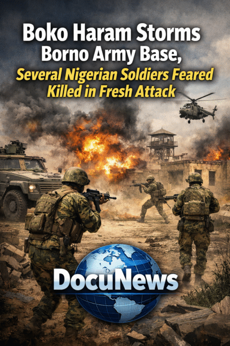 AI generated illustrations Of Boko Haram attacks Borno army base with Nigerian soldiers in combat, DocuNews logo at bottom.