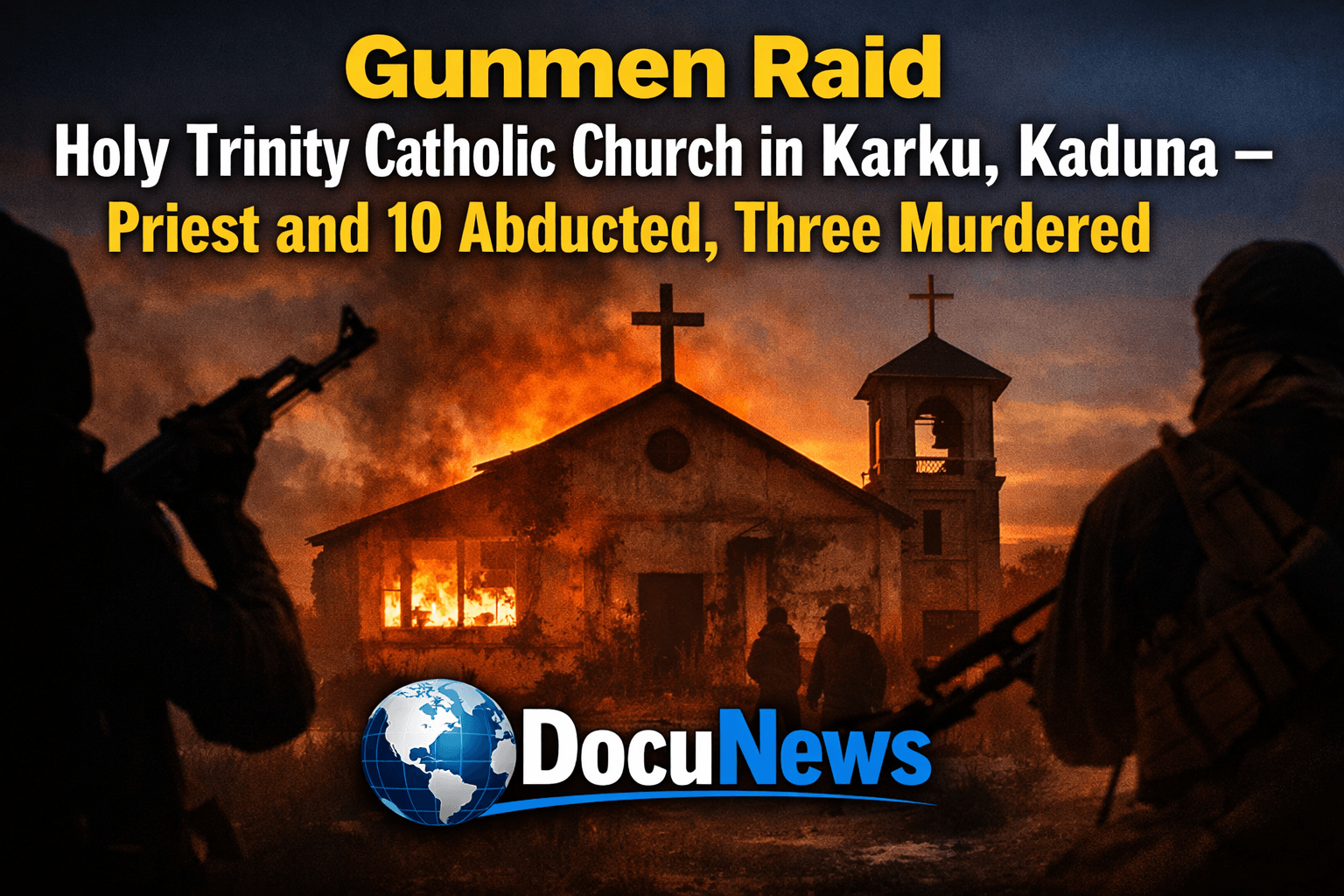AI generated illustrations Of Gunmen raid Holy Trinity Catholic Church in Karku, Kaduna State, Nigeria – priest and 10 others abducted, three residents killed