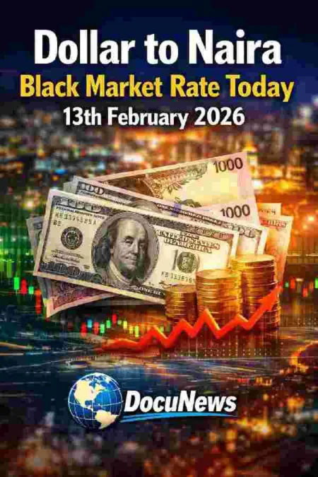 Dollar to Naira black market rate today 13th February 2026 with US dollars, Nigerian naira, forex chart and DocuNews globe logo