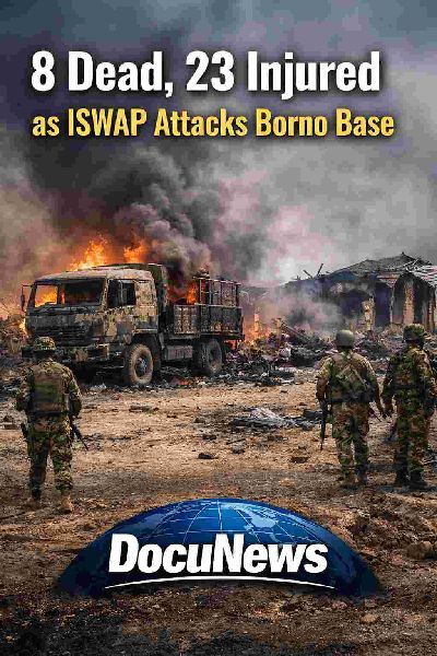 AI generated illustrations Of ISWAP attack in Borno kills 8 soldiers, 23 injured, DocuNews coverage.
