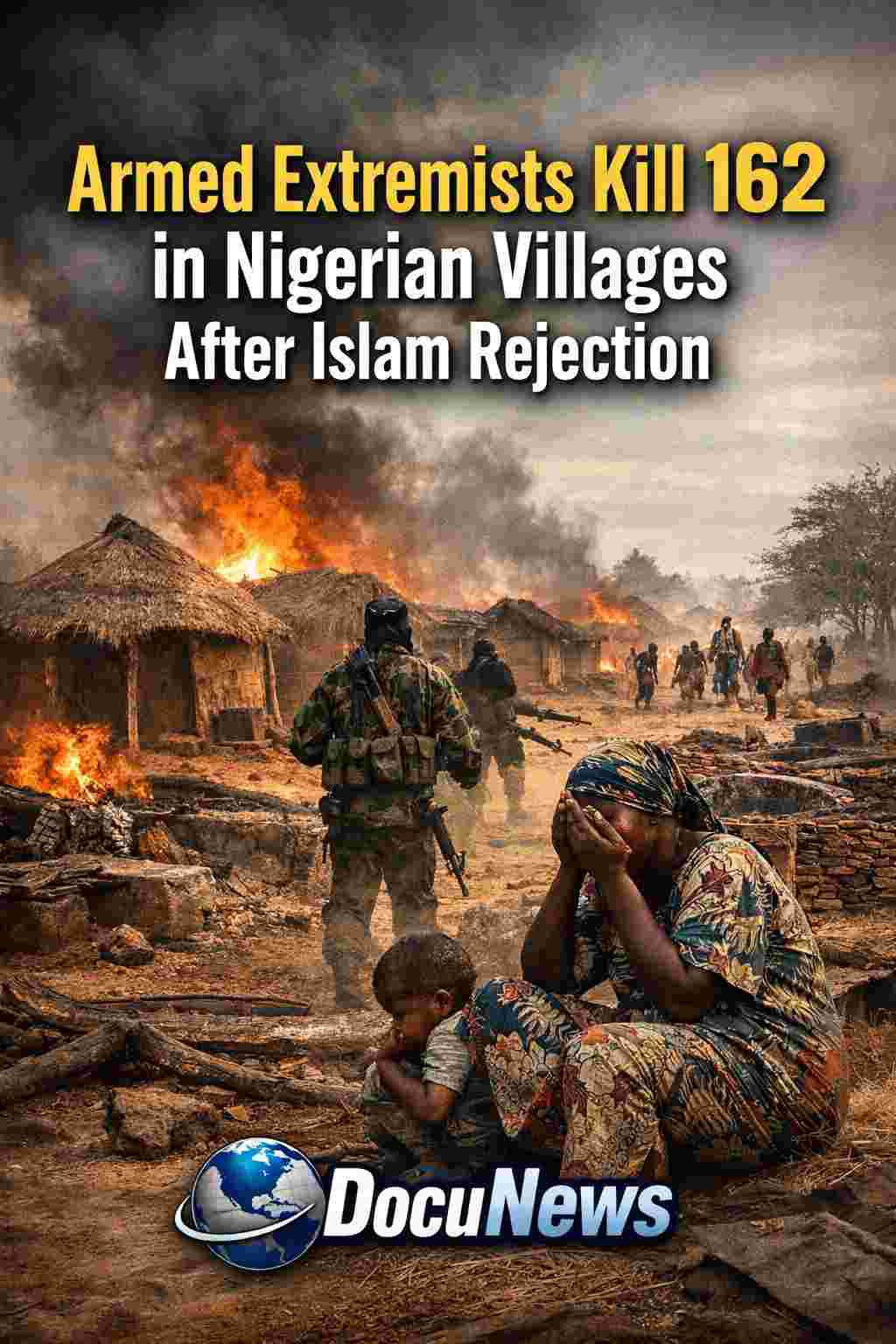 AI generated illustrations Of Kwara State massacre: armed extremists attack Nigerian villages killing 162 residents