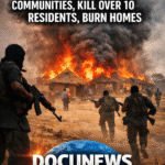 AI generated illustrations Of were Bandit attack in a rural Nigerian community, showing burning homes, fleeing residents, and armed attackers;