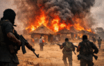 AI generated illustrations Of were Bandit attack in a rural Nigerian community, showing burning homes, fleeing residents, and armed attackers;