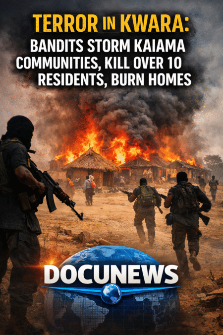 AI generated illustrations Of were Bandit attack in a rural Nigerian community, showing burning homes, fleeing residents, and armed attackers;