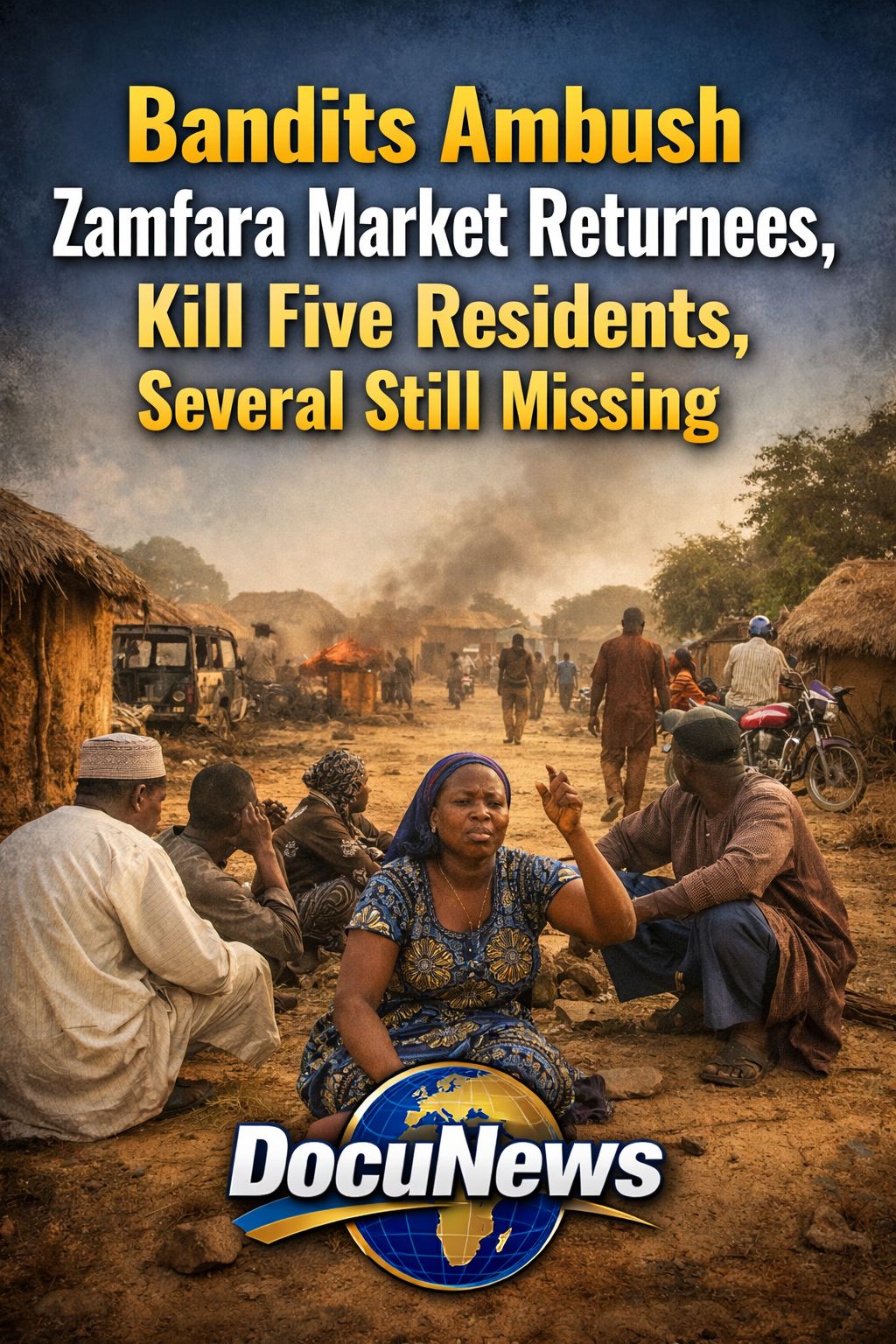 AI generated illustrations Of Market returnees in Kyaram community, Zamfara, after an ambush by armed bandits, with headline text on top and DocuNews logo at the bottom