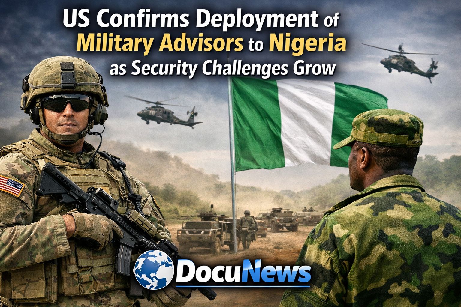 AI generated illustrations Of Fact check image showing US military advisors alongside Nigerian forces amid rising security challenges