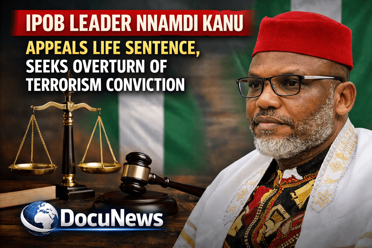 AI generated illustrations Of Nnamdi Kanu, leader of IPOB, seated with a gavel and scales of justice in the background, discussing his appeal against a life sentence.