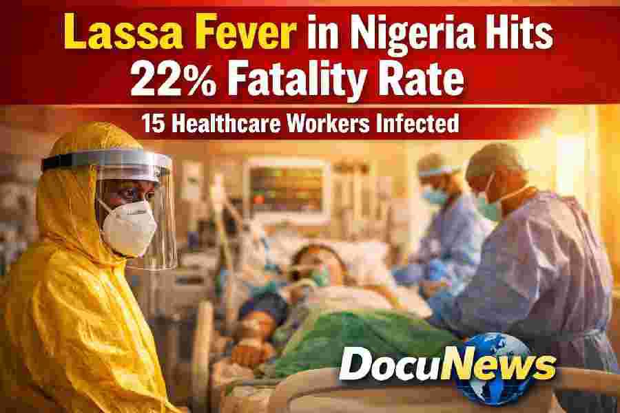 Lassa Fever in Nigeria headline graphic showing 22% fatality rate and 15 healthcare workers infected, with DocuNews branding