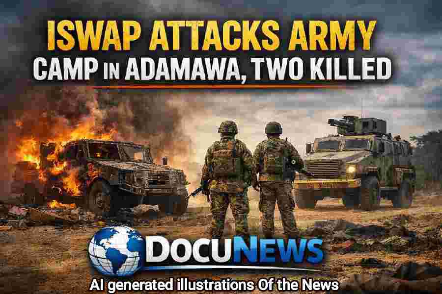 ISWAP attacks army camp in Adamawa, two soldiers killed, military vehicles burned, DocuNews news graphic