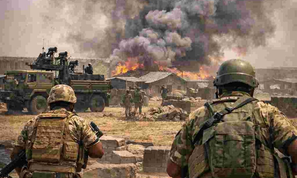 AI generated illustrations Of the News. Army Major killed in Boko Haram attack on military base in Borno State with DocuNews globe logo