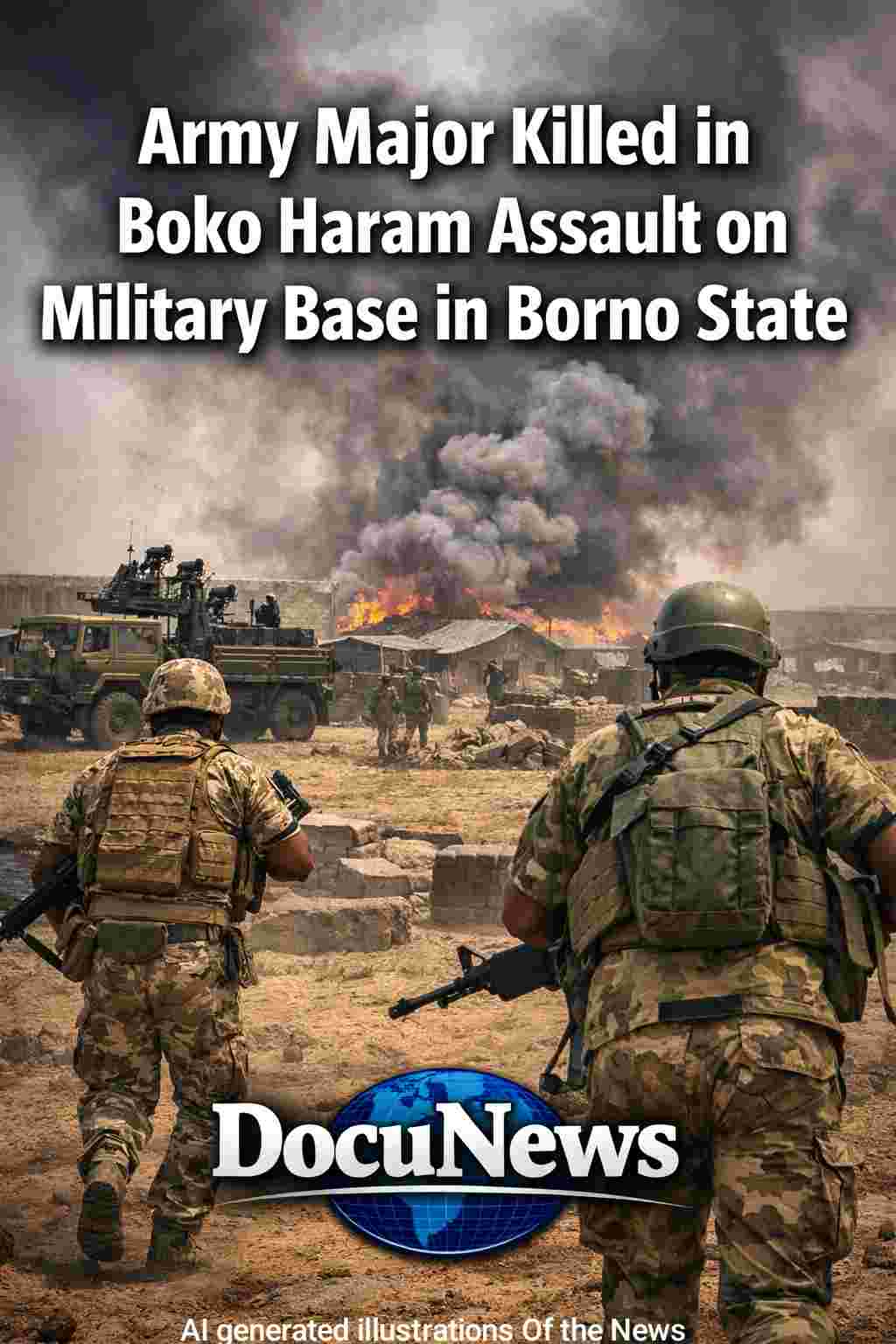 AI generated illustrations Of the News. Army Major killed in Boko Haram attack on military base in Borno State with DocuNews globe logo