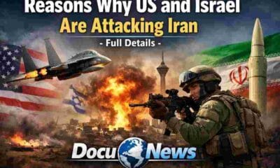 Reasons why US and Israel are attacking Iran – military jets, Tehran skyline explosion, and Middle East conflict analysis graphic by DocuNews