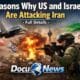 Reasons why US and Israel are attacking Iran – military jets, Tehran skyline explosion, and Middle East conflict analysis graphic by DocuNews