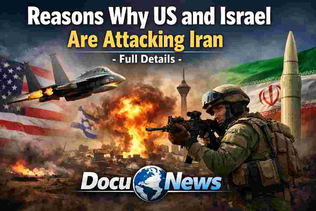 Reasons why US and Israel are attacking Iran – military jets, Tehran skyline explosion, and Middle East conflict analysis graphic by DocuNews
