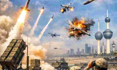 Kuwait Air Defense Systems intercept Iranian missiles and drones over Kuwait City skyline during major Gulf security escalation