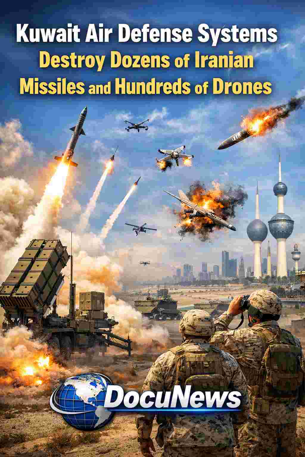 Kuwait Air Defense Systems intercept Iranian missiles and drones over Kuwait City skyline during major Gulf security escalation