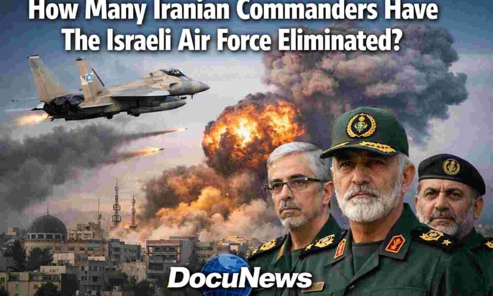 Israeli Air Force fighter jet striking targets in Iran with bold headline and DocuNews logo featuring globe design, no blood war news graphic