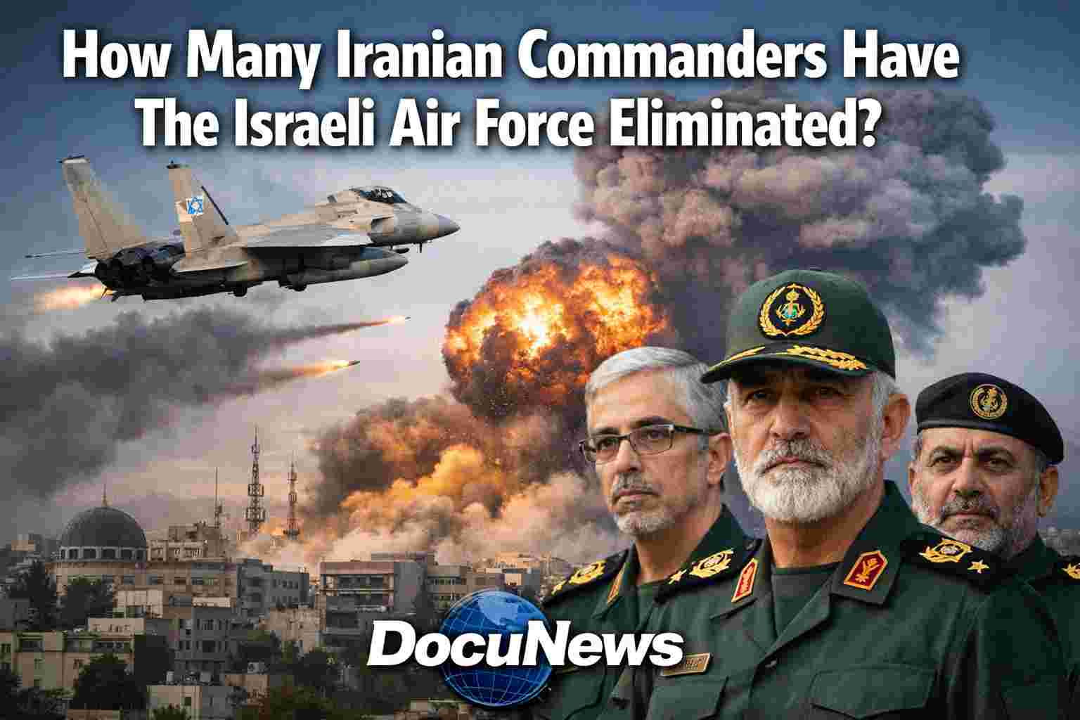 Israeli Air Force fighter jet striking targets in Iran with bold headline and DocuNews logo featuring globe design, no blood war news graphic