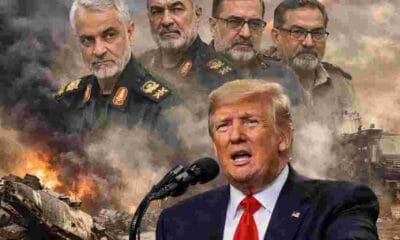 Breaking news graphic showing Iran military leadership wiped out announcement by Donald Trump amid U.S. and Israel tensions.