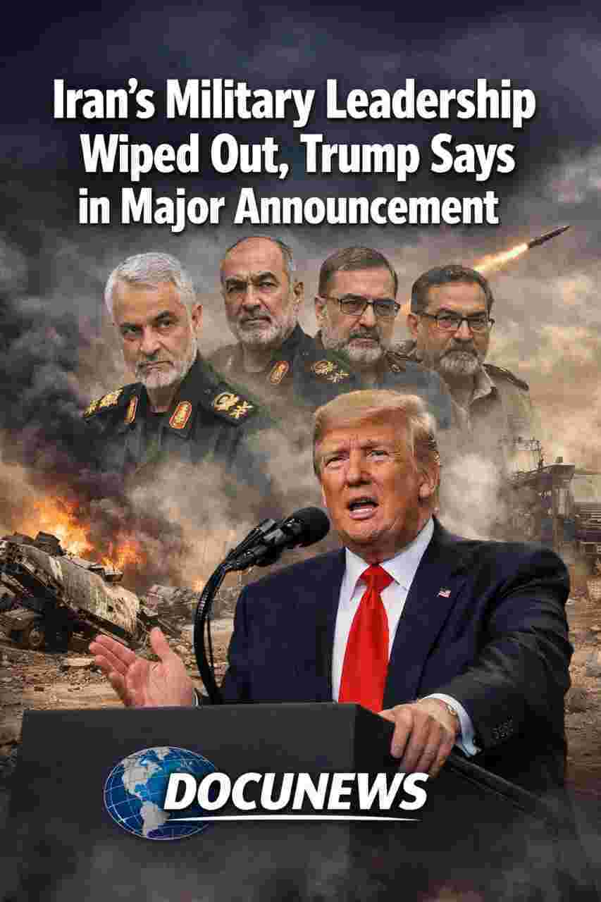 Breaking news graphic showing Iran military leadership wiped out announcement by Donald Trump amid U.S. and Israel tensions.
