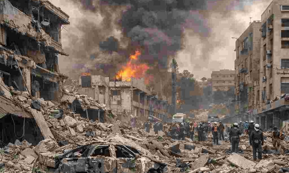 Iran confirms 787 deaths after US-Israeli airstrikes devastate cities, showing destroyed buildings and heavy smoke with DocuNews branding.