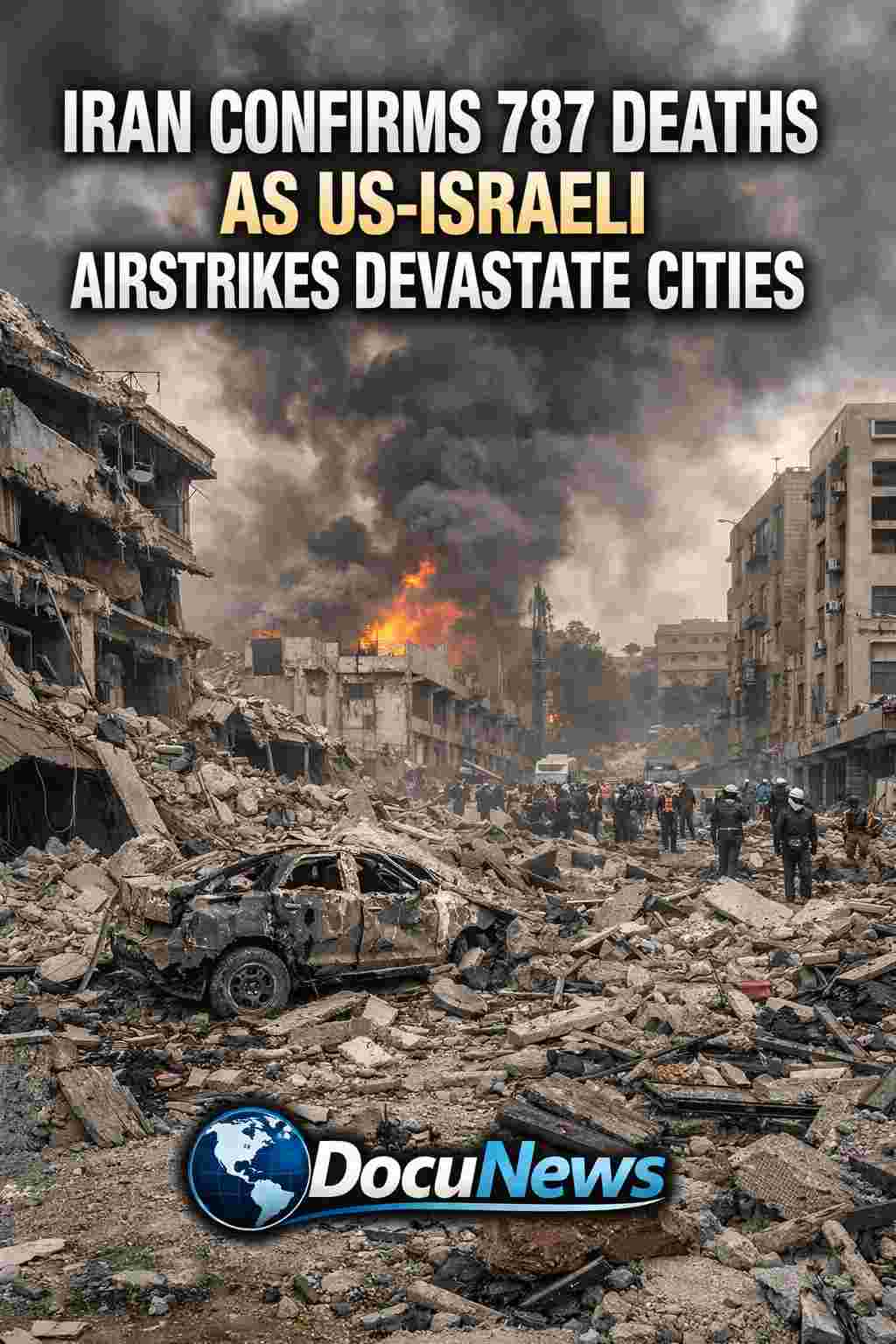 Iran confirms 787 deaths after US-Israeli airstrikes devastate cities, showing destroyed buildings and heavy smoke with DocuNews branding.