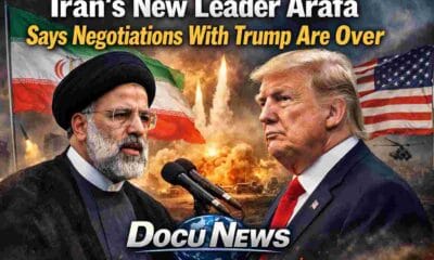 Iran’s New Leader Arafa announcing negotiations with Trump are over, political news graphic with DocuNews branding and globe design