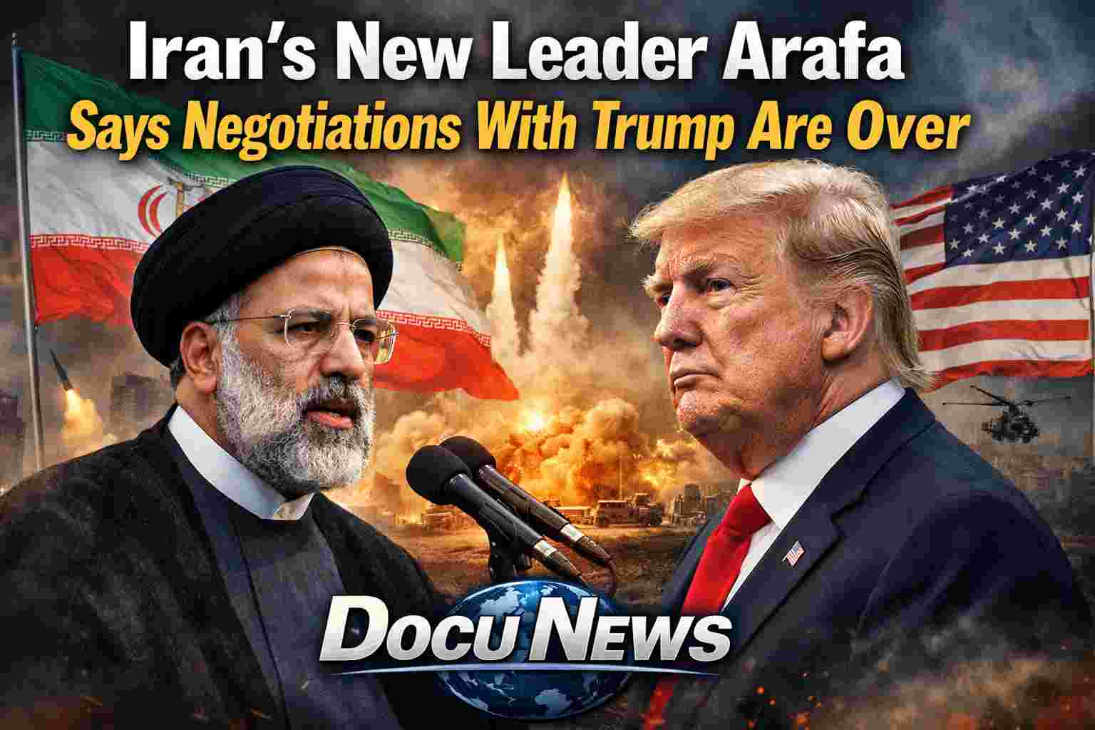 Iran’s New Leader Arafa announcing negotiations with Trump are over, political news graphic with DocuNews branding and globe design