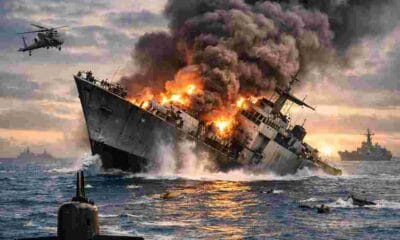Warship on fire and sinking in the Indian Ocean following U.S. submarine engagement, breaking news image with DocuNews branding