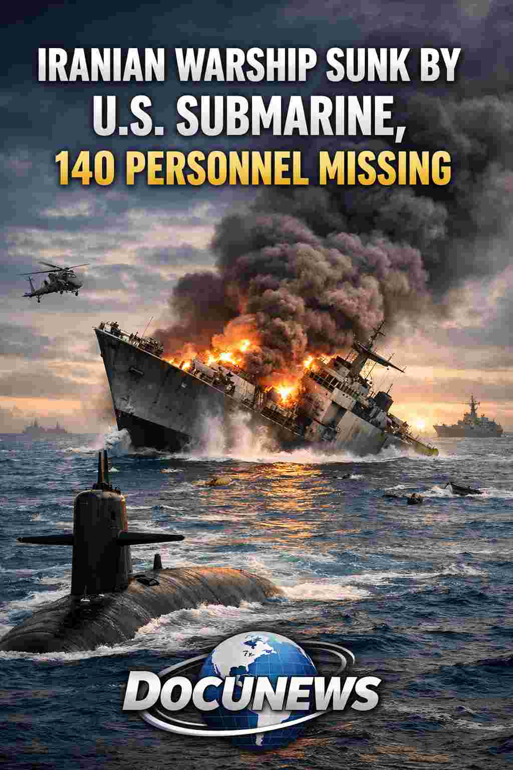 Warship on fire and sinking in the Indian Ocean following U.S. submarine engagement, breaking news image with DocuNews branding