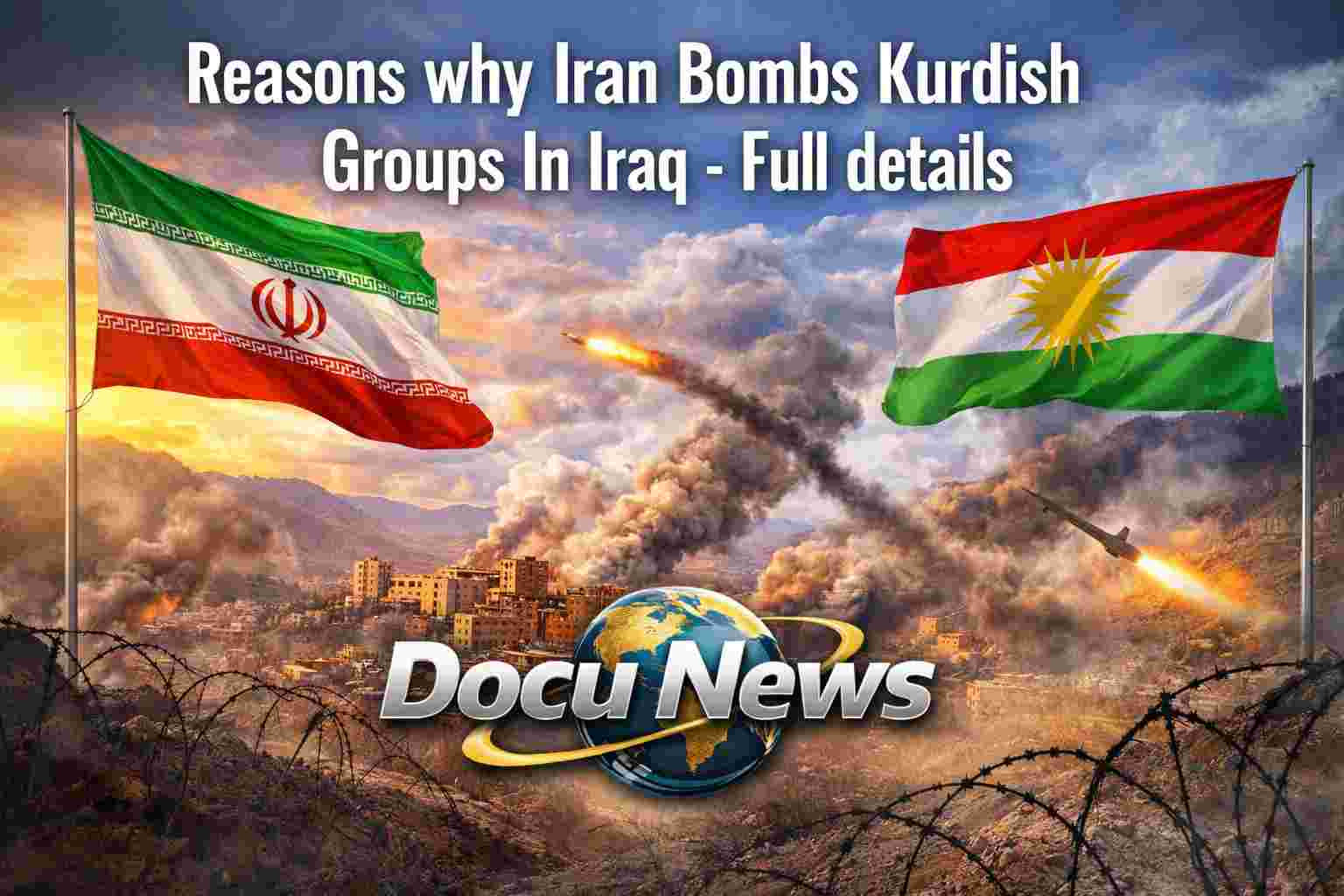Iran and Iraq border conflict news headline with DocuNews logo design