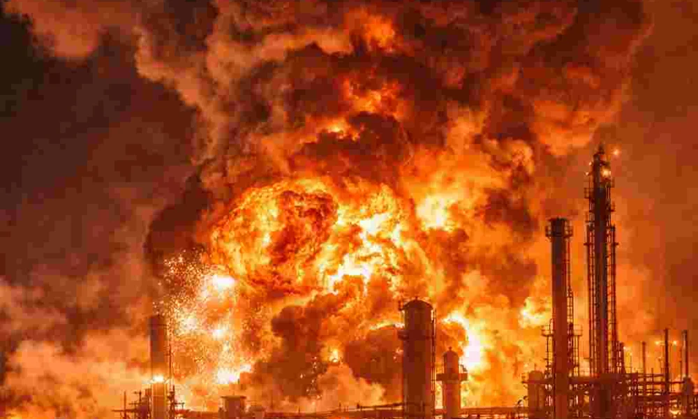 Iran missile strike hits Bahrain oil refinery causing massive explosion and fire
