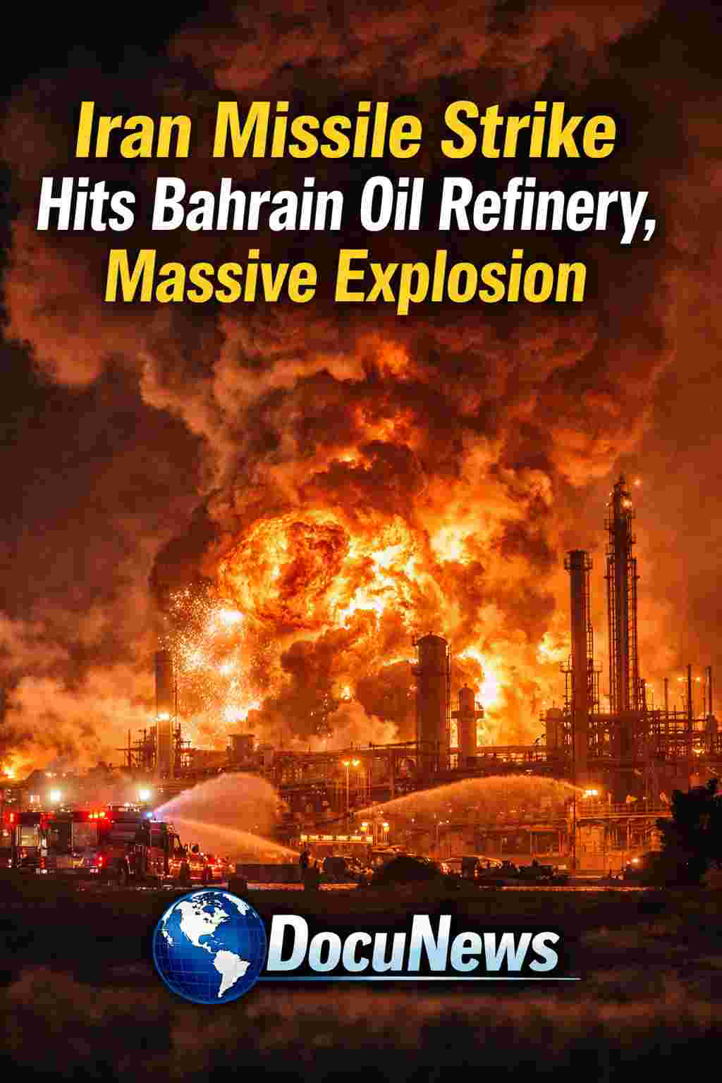 Iran missile strike hits Bahrain oil refinery causing massive explosion and fire