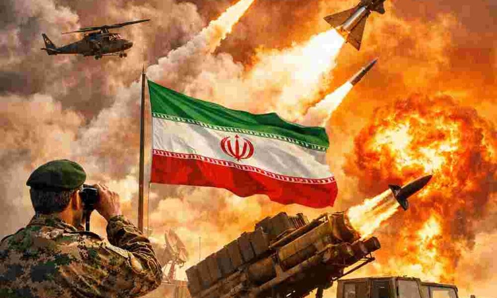 Iran Vows Stronger Strikes Against U.S. bold news headline with DocuNews globe logo on bright background