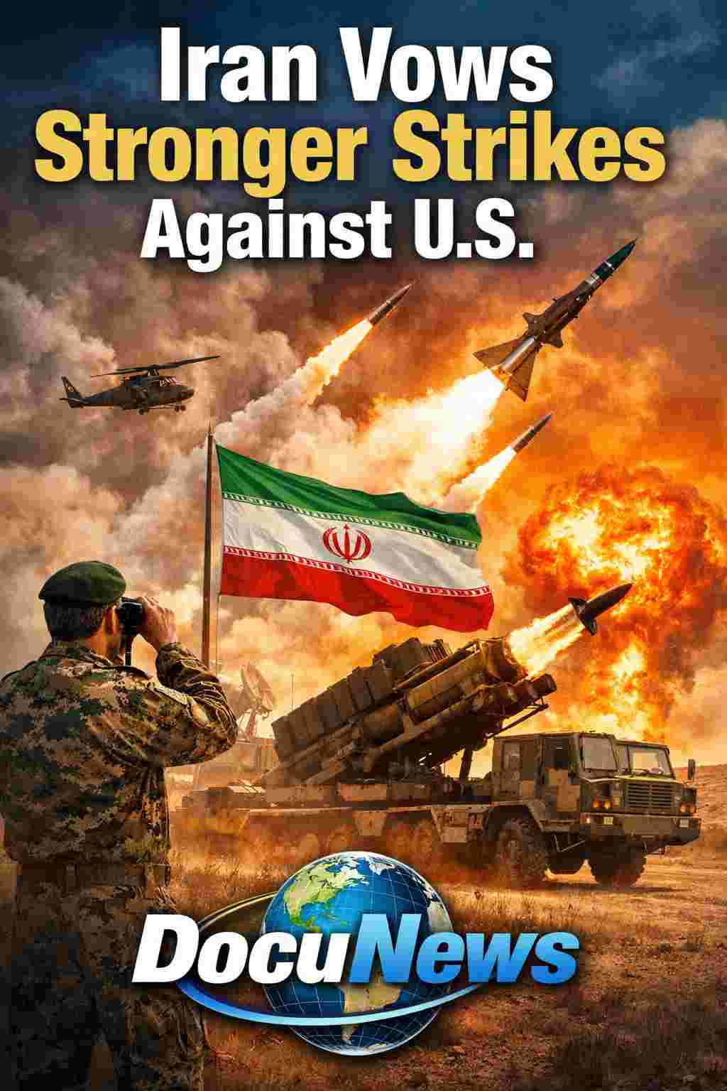 Iran Vows Stronger Strikes Against U.S. bold news headline with DocuNews globe logo on bright background