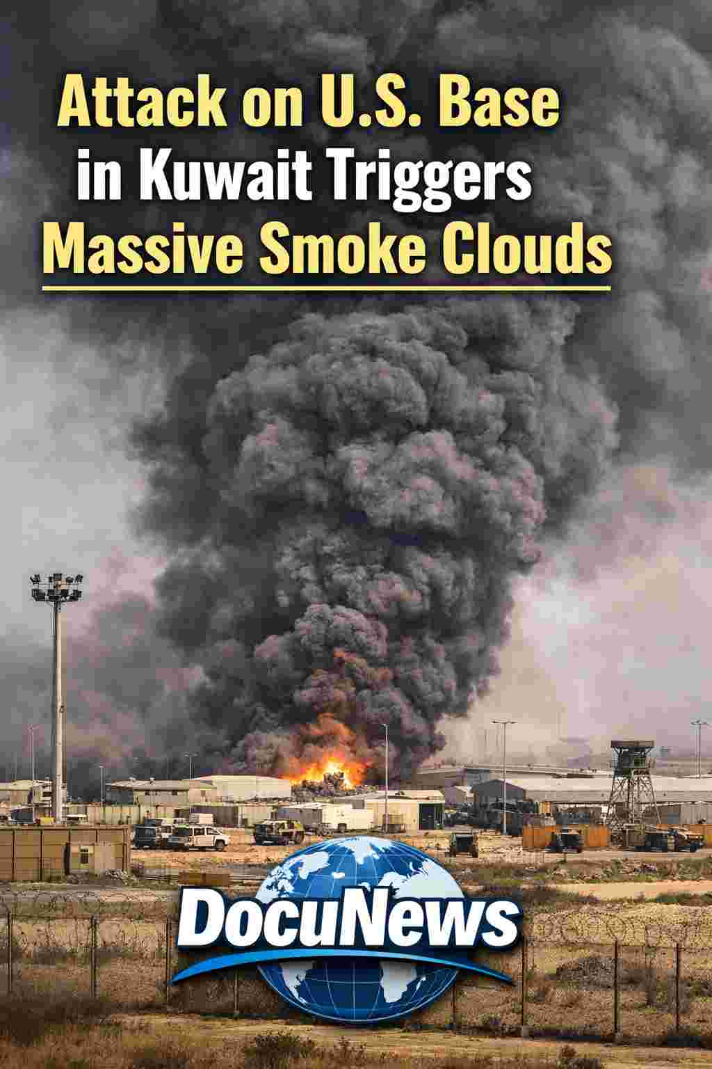 AI generated illustrations Of Attack on U.S. Base in Kuwait triggers massive smoke clouds after explosion at U.S. military installation