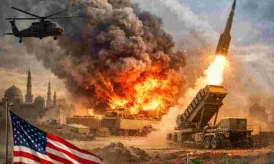 Iran missile strike illustration showing attack on U.S. military base in the Middle East with DocuNews logo and bold headline.