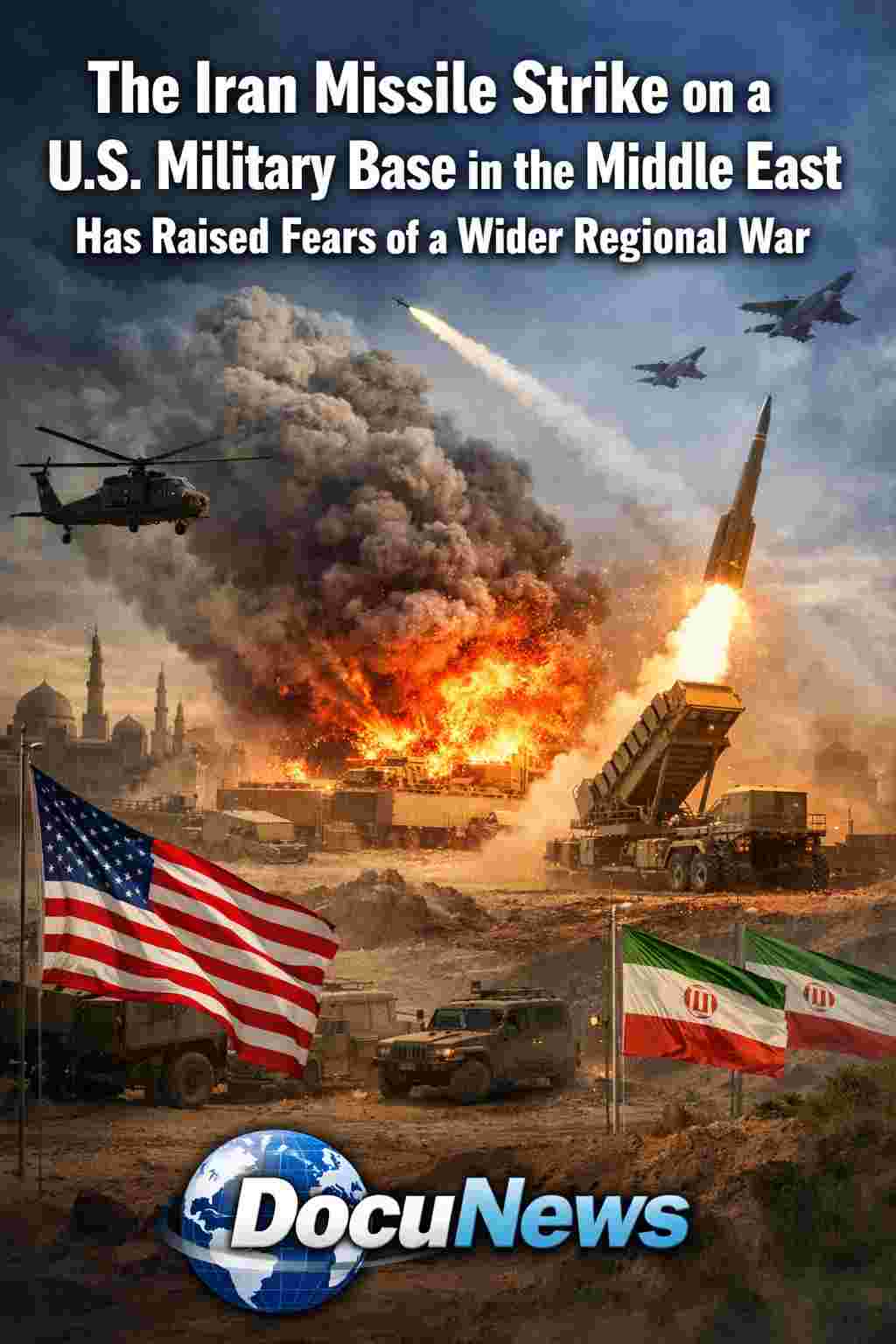 Iran missile strike illustration showing attack on U.S. military base in the Middle East with DocuNews logo and bold headline.