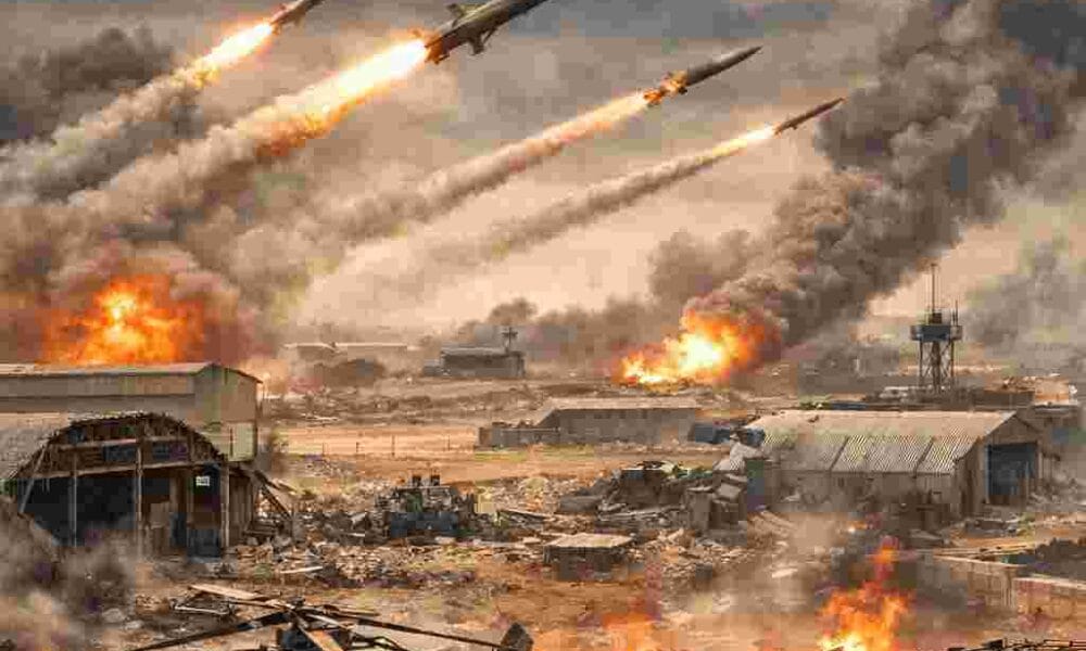 Iran announces destruction of 14 U.S. bases in major missile offensive news graphic with bold headline and DocuNews logo.