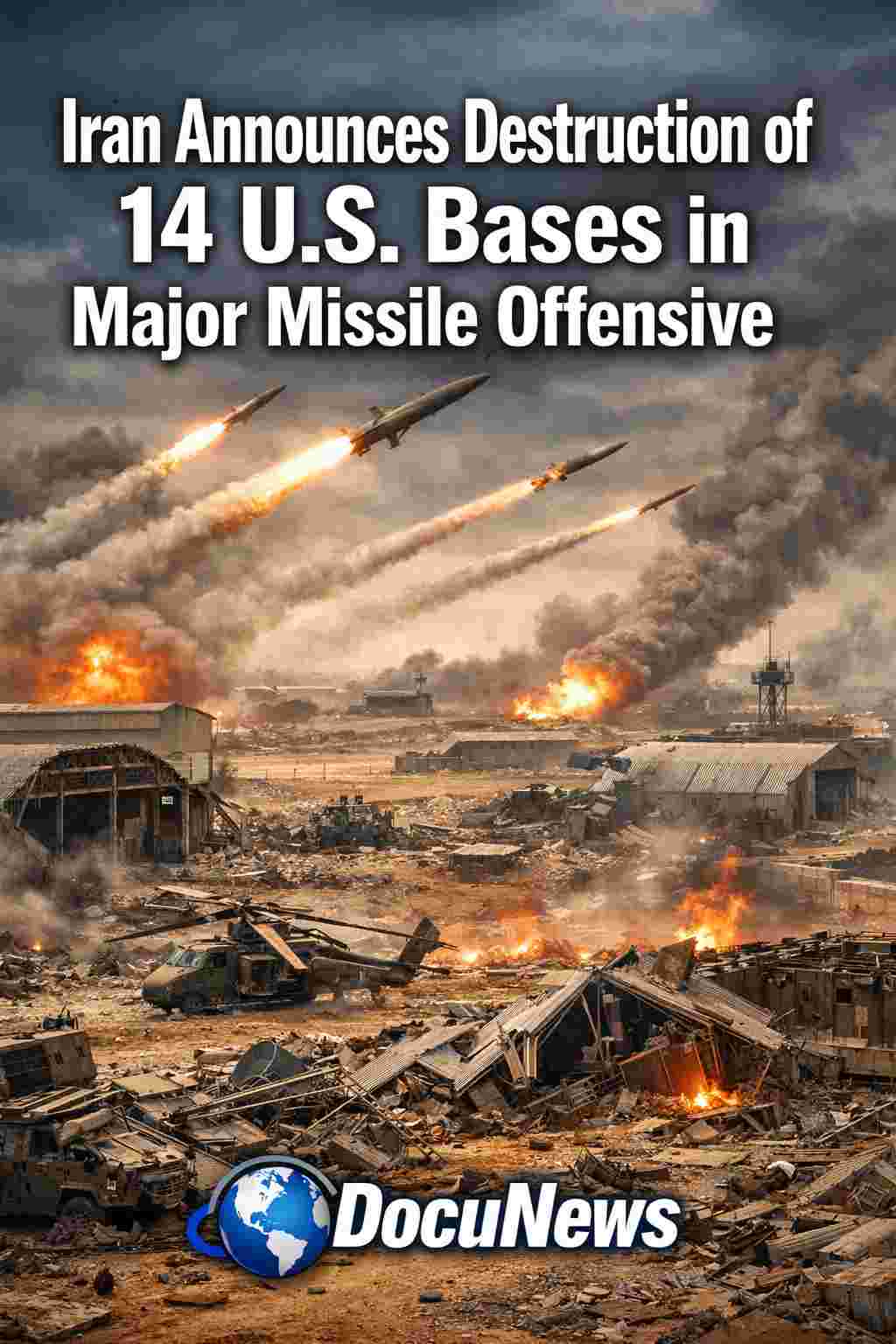 Iran announces destruction of 14 U.S. bases in major missile offensive news graphic with bold headline and DocuNews logo.