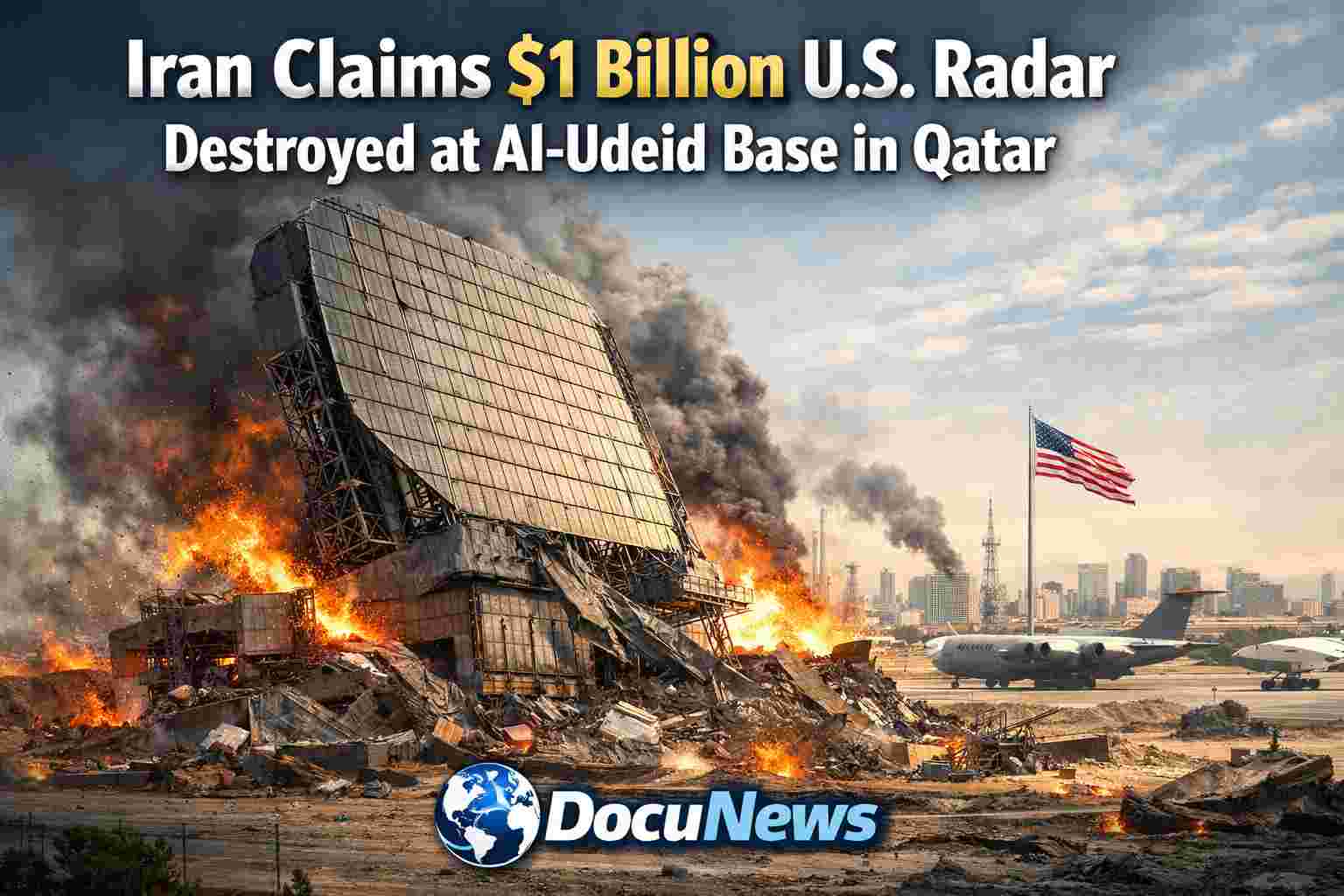 Iran claims $1 billion U.S. radar destroyed at Al-Udeid Air Base in Qatar, with bright news graphic and DocuNews branding.