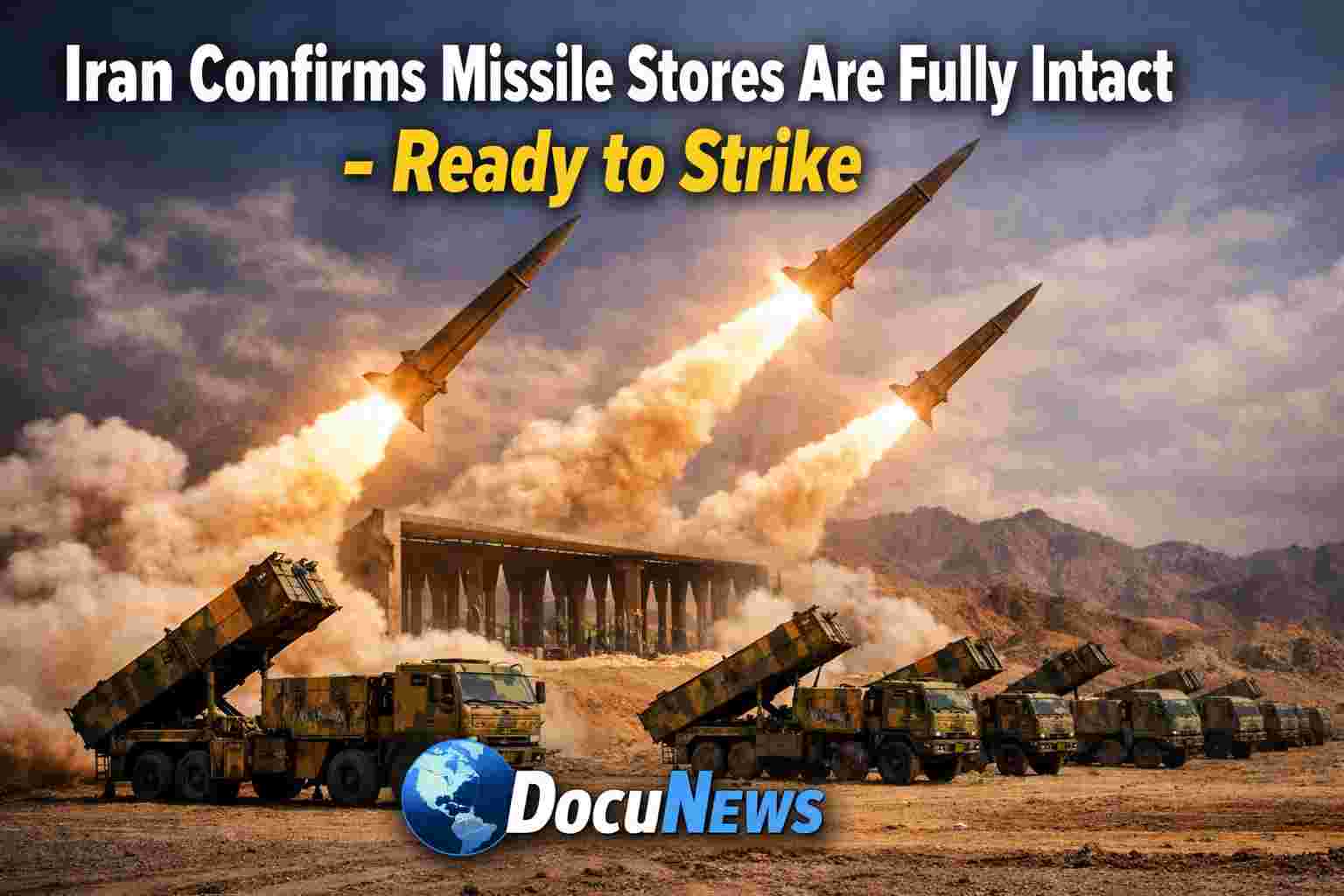 AI generated illustrations Of Iran missile launch with trucks and bunkers, confirming full missile stores and readiness