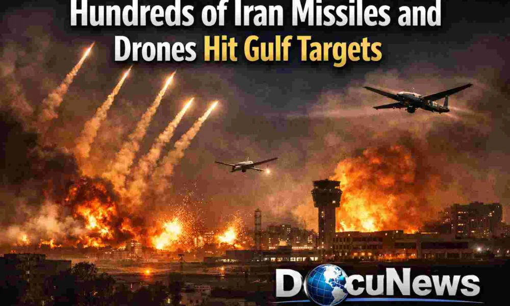 AI generated illustrations Of Hundreds of Iran missiles and drones strike targets across the Persian Gulf region