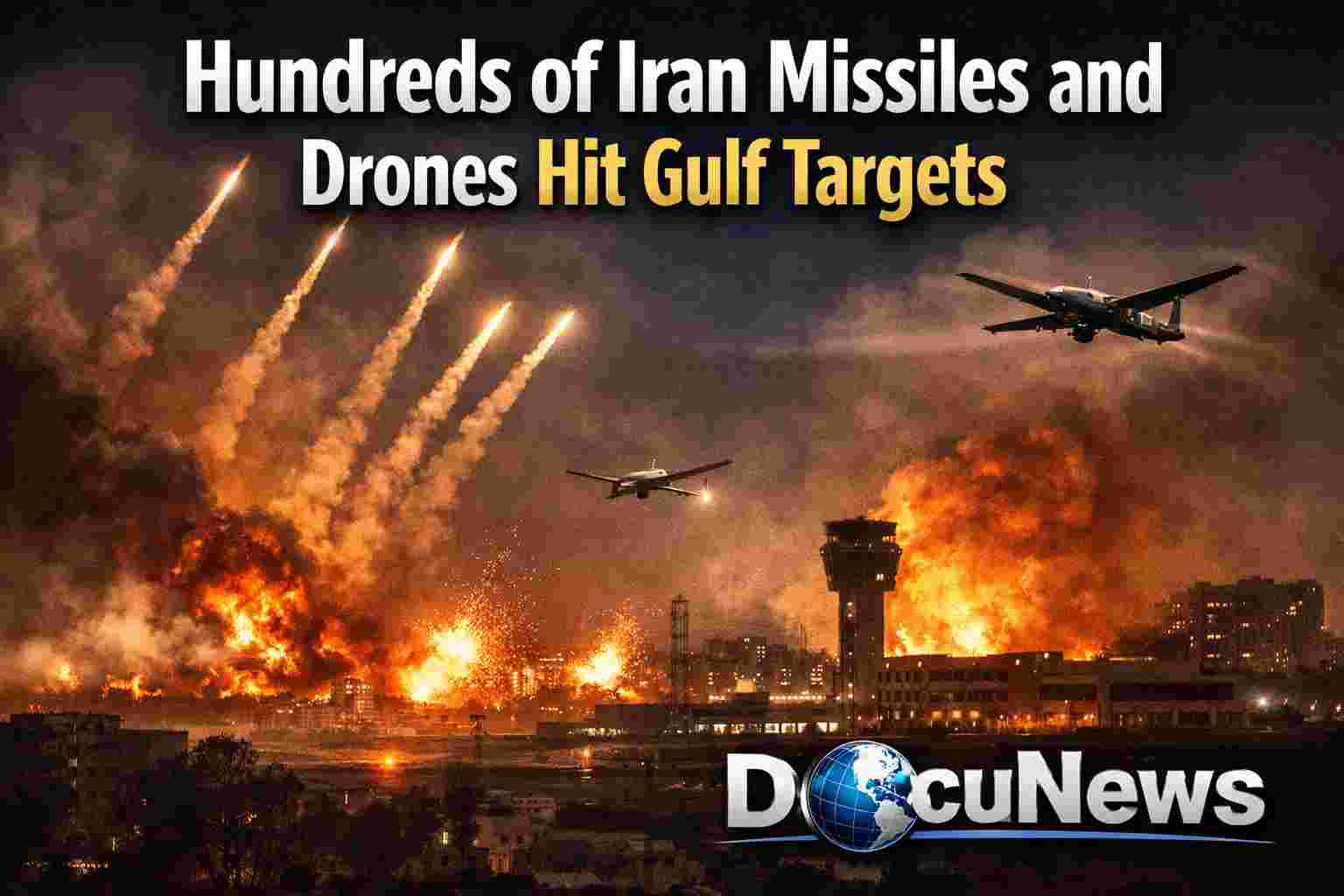 AI generated illustrations Of Hundreds of Iran missiles and drones strike targets across the Persian Gulf region