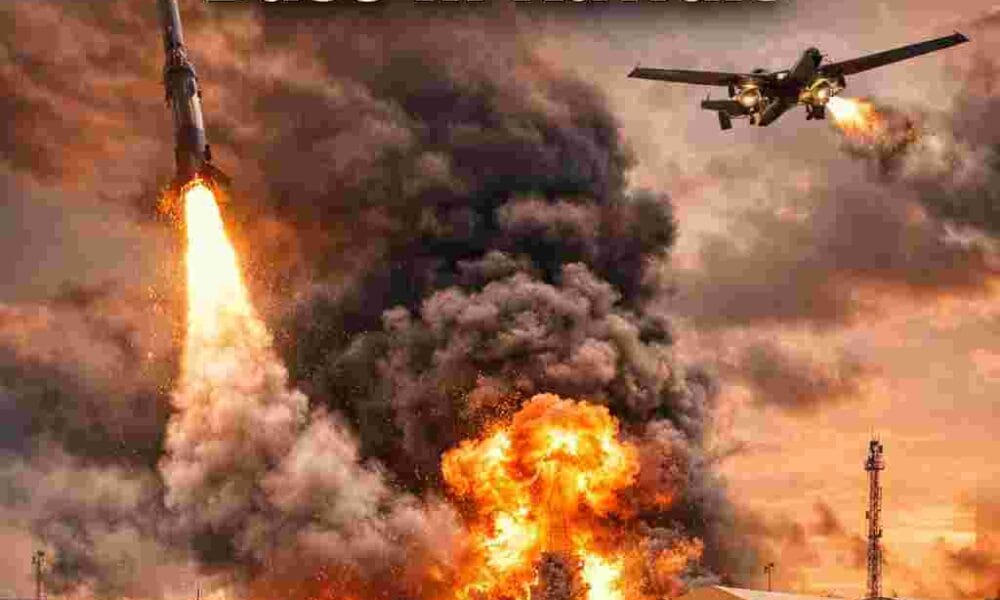 Iran missile and drone attack on U.S. helicopter base in Kuwait, showing helicopters, smoke, and missile launch