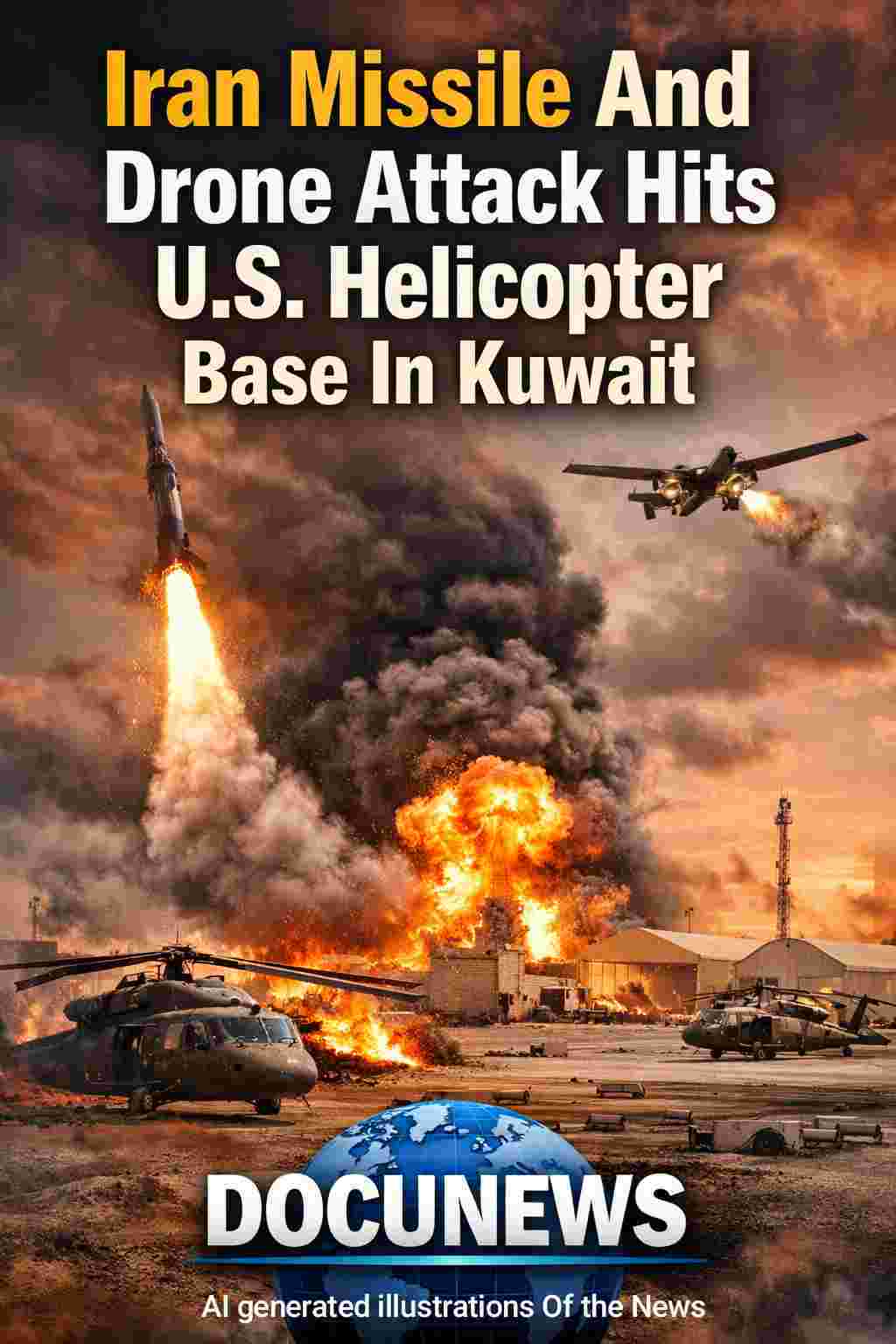 Iran missile and drone attack on U.S. helicopter base in Kuwait, showing helicopters, smoke, and missile launch